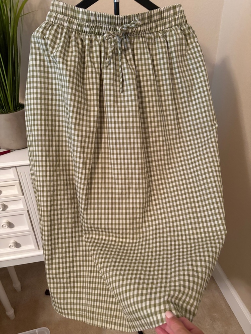 Olive Green Gingham Drawstring Midi Skirt